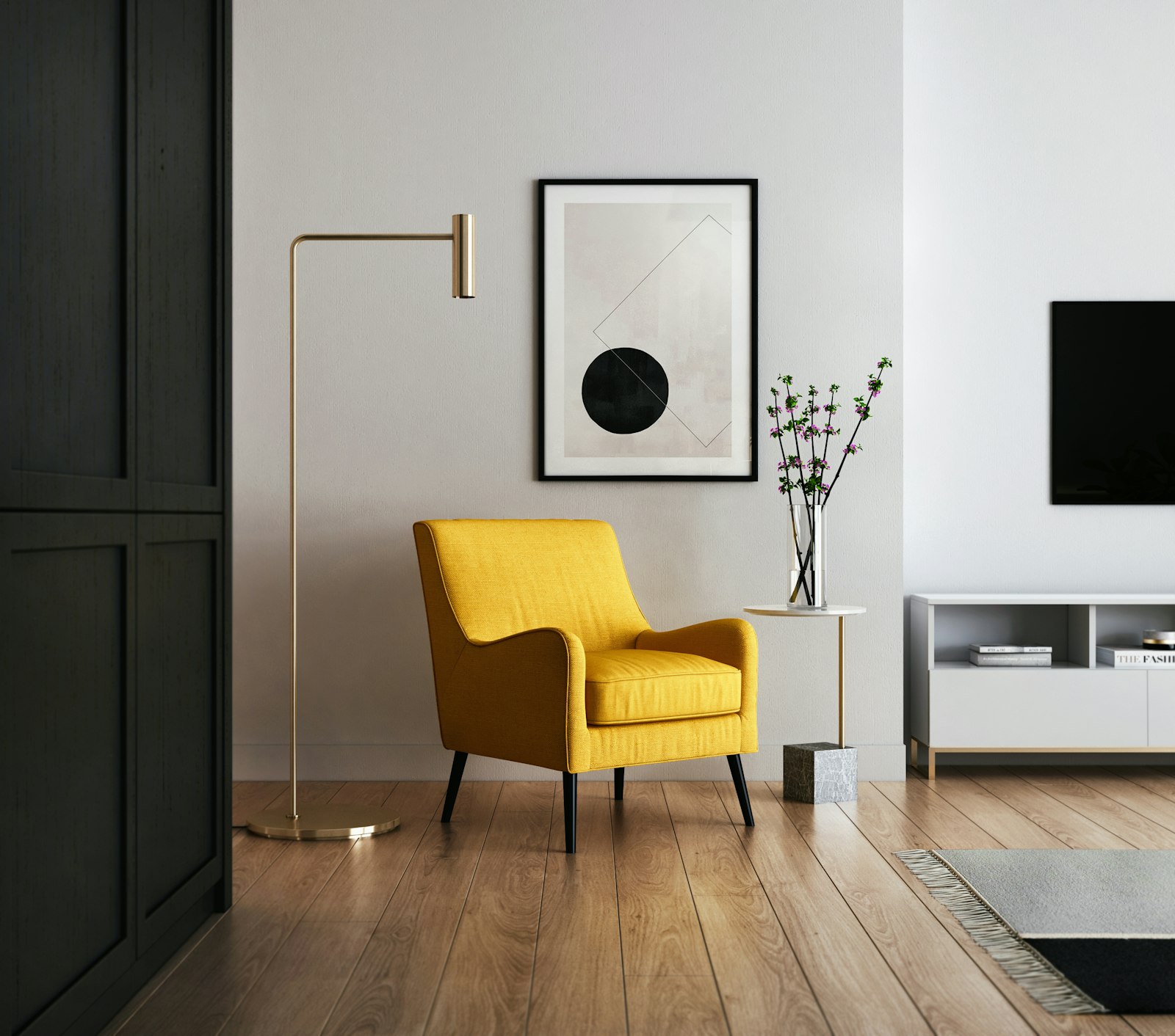 A bright living room corner with a mustard armchair